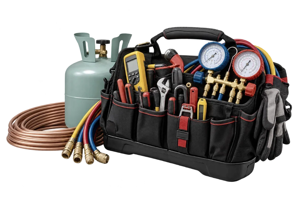 HVAC technician tool bag with refrigerant gauges, multimeter, hoses and copper line set