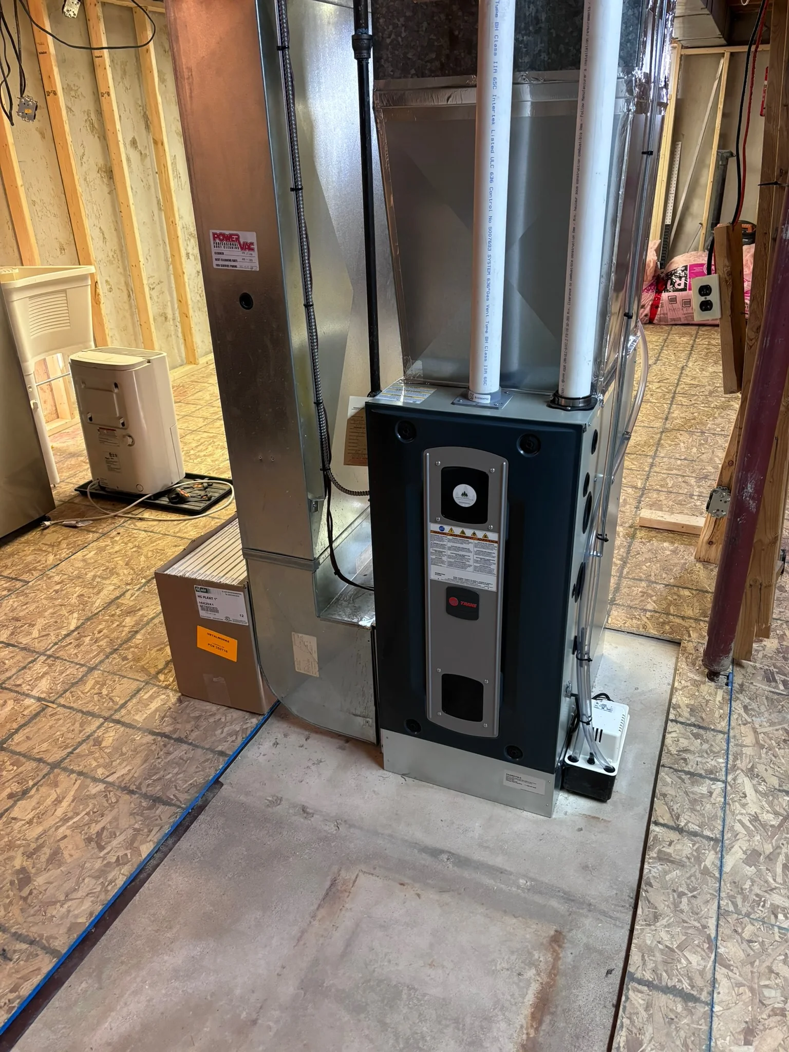 Trane high-efficiency furnace installed in a home under construction