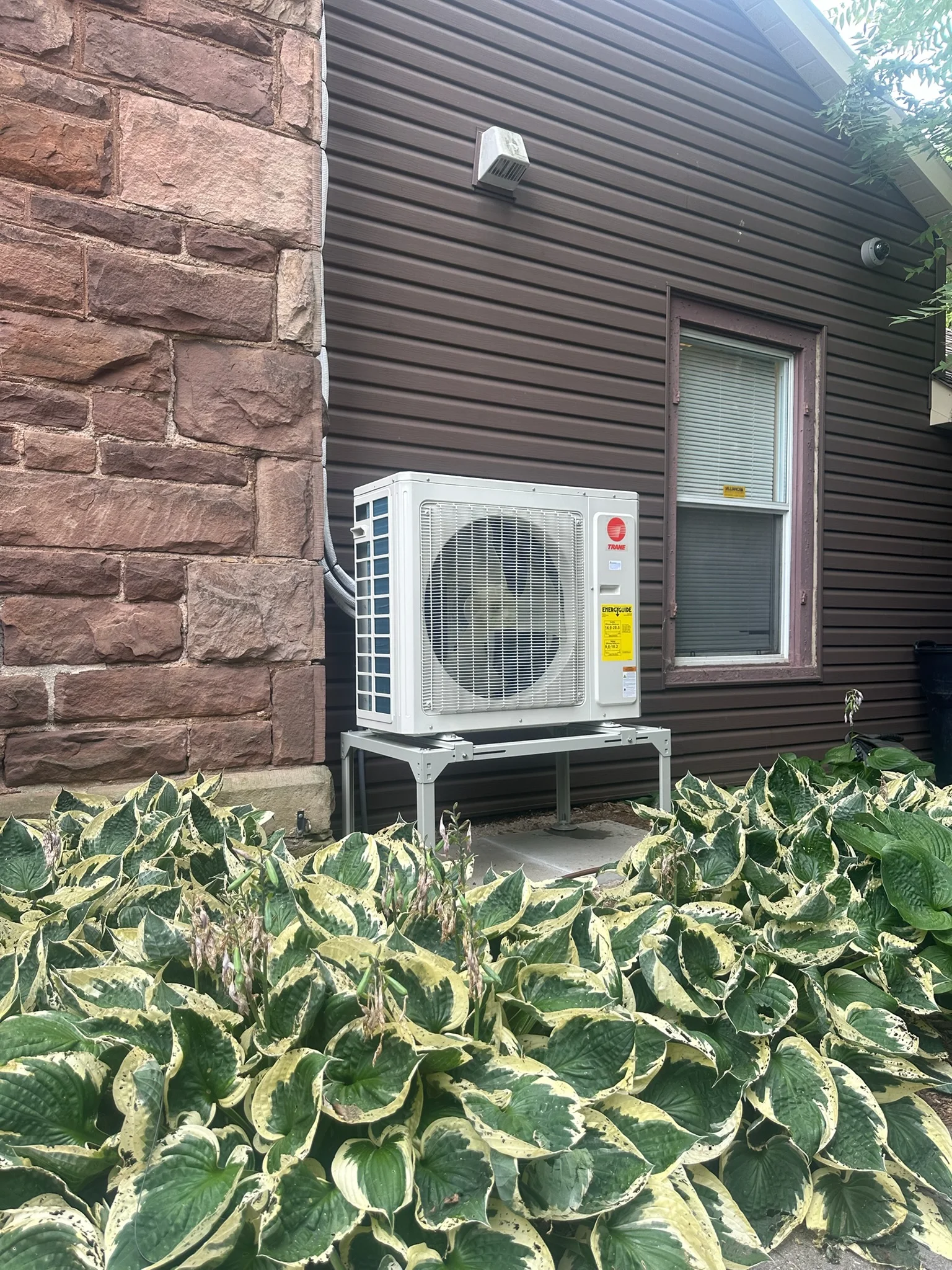 Trane ductless heat pump installed on a stand beside a home, framed by hostas